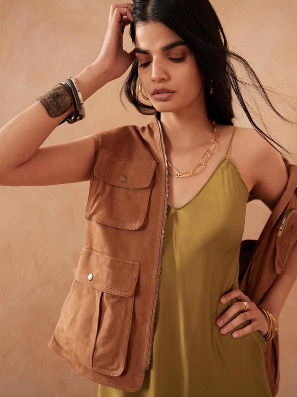 Banana Republic 100% Silk Maxi Slip Dress Bronze Olive Quiet Luxury Petite S - Picture 3 of 6